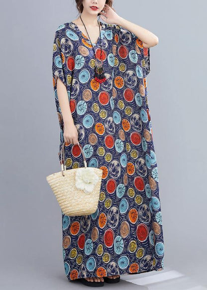 Italian v neck Batwing Sleeve blue dotted Maxi Dresses - SooLinen