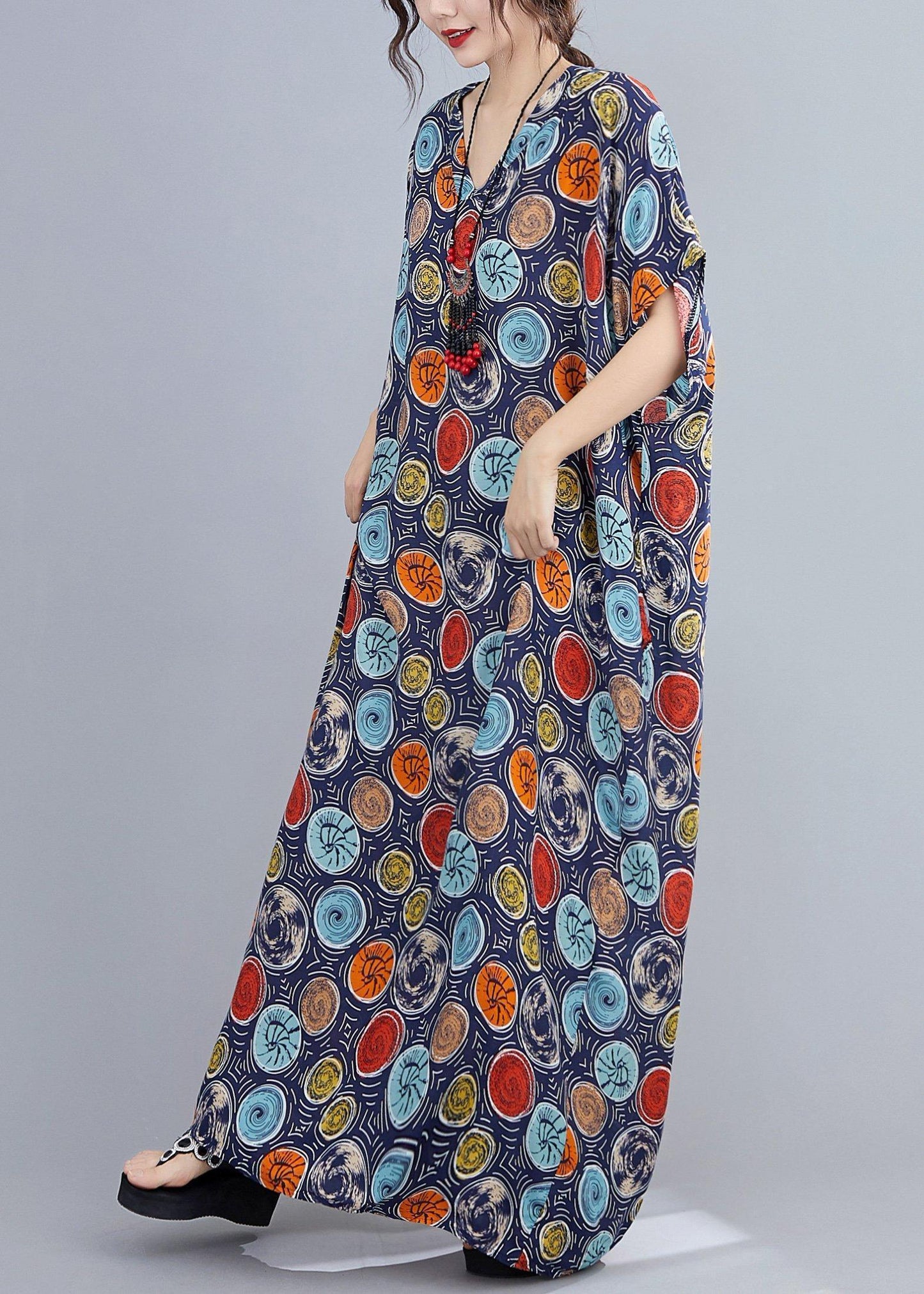 Italian v neck Batwing Sleeve blue dotted Maxi Dresses - SooLinen