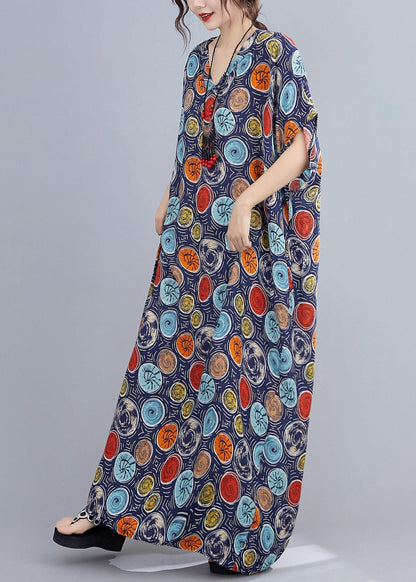 Italian v neck Batwing Sleeve blue dotted Maxi Dresses - SooLinen