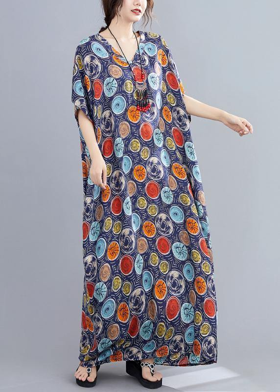 Italian v neck Batwing Sleeve blue dotted Maxi Dresses - SooLinen