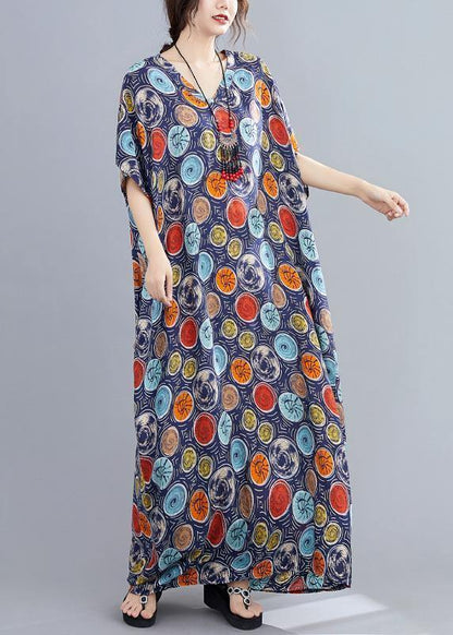 Italian v neck Batwing Sleeve blue dotted Maxi Dresses - SooLinen