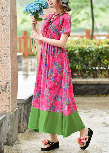 Italian v neck patchwork cotton Wardrobes rose print cotton robes Dress summer - SooLinen