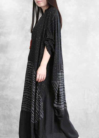 Italian v neck patchwork summer dresses Work black print Dress - SooLinen