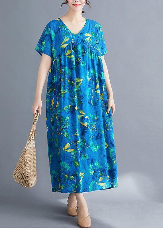 Italian v neck Cinched linen Wardrobes pattern blue print Dresses summer - SooLinen