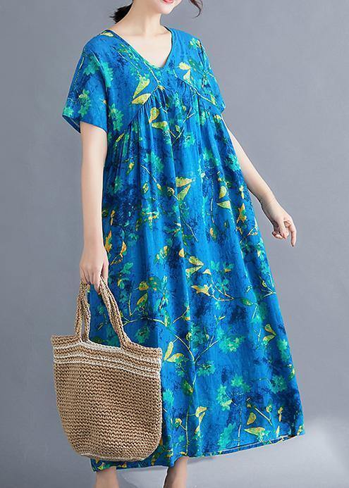 Italian v neck Cinched linen Wardrobes pattern blue print Dresses summer - SooLinen