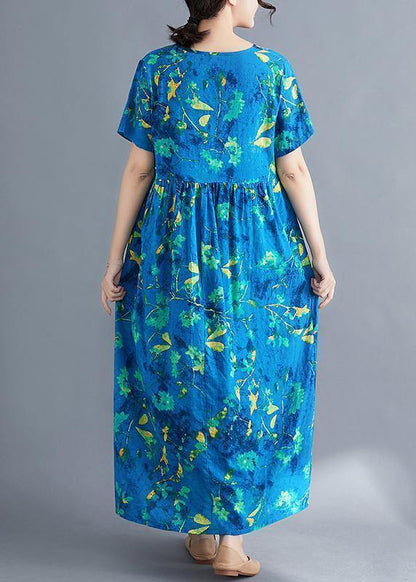 Italian v neck Cinched linen Wardrobes pattern blue print Dresses summer - SooLinen