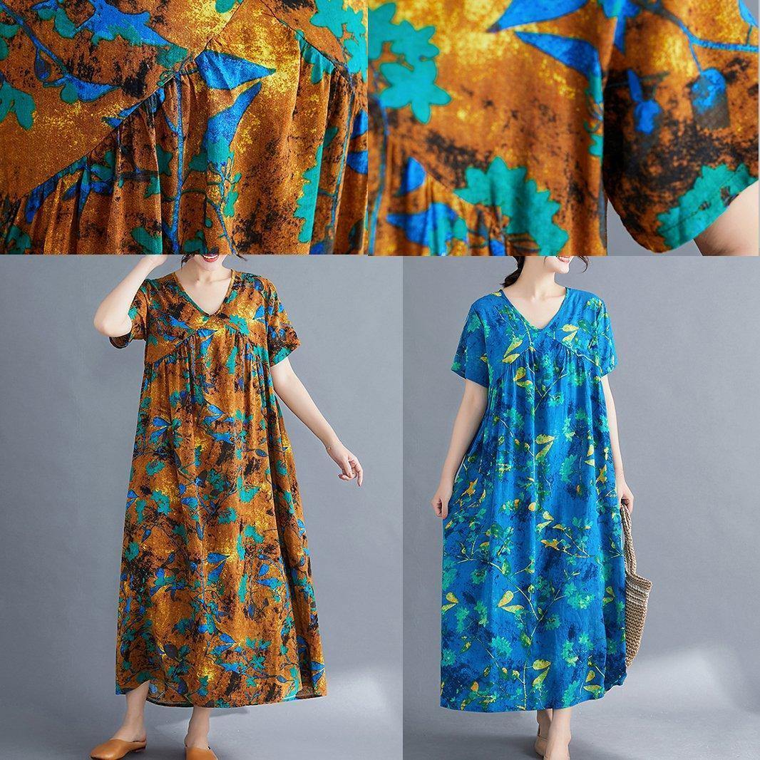 Italian v neck Cinched linen Wardrobes pattern blue print Dresses summer - SooLinen