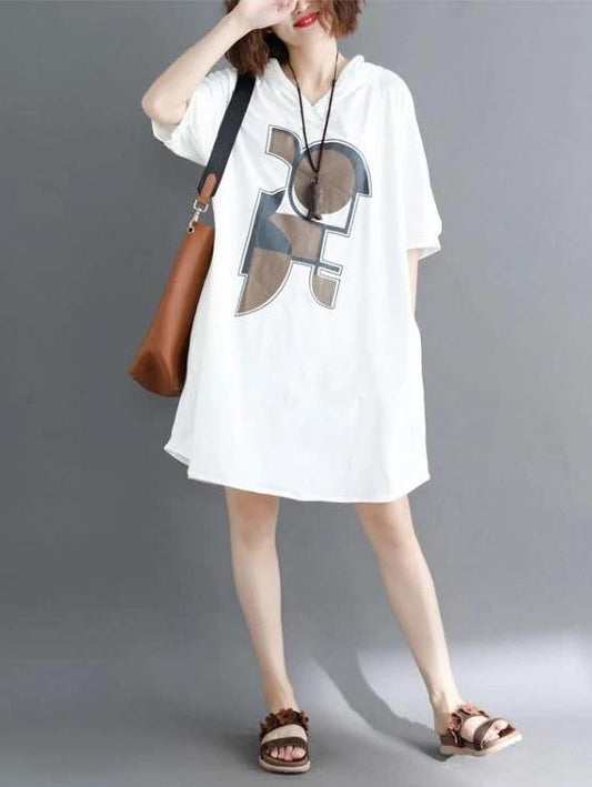 Italian white print Cotton Tunics hooded Dresses summer Dress - SooLinen