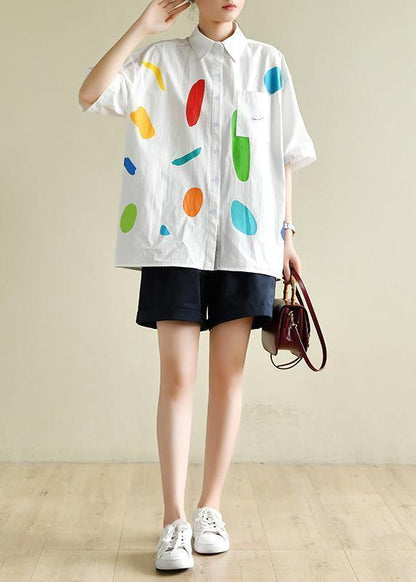 Italian white print clothes For Women lapel half sleeve Dresses summer blouse - SooLinen