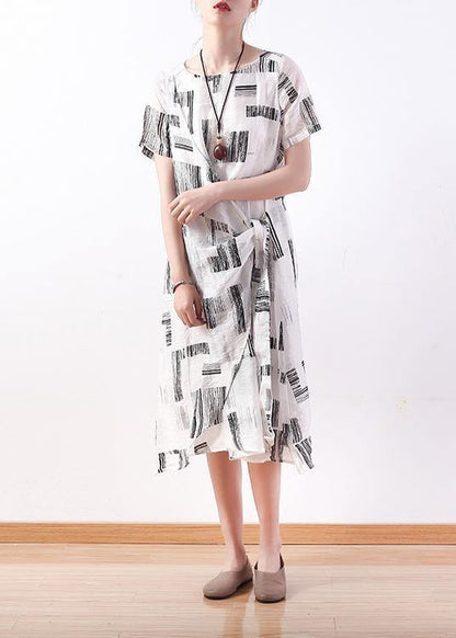 Italian white prints linen dresses asymmetric loose summer Dress - SooLinen