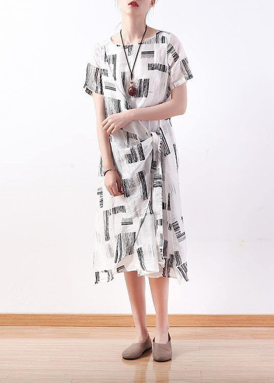 Italian white prints linen dresses asymmetric loose summer Dress - SooLinen