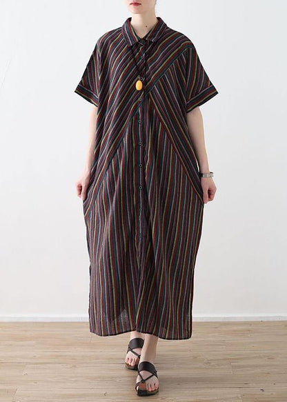 Italian yellow green linen dresses lapel collar Art summer shirt Dress - SooLinen