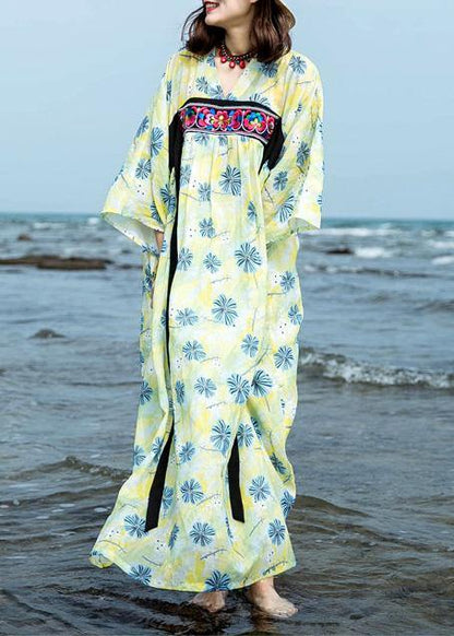 Italian yellow green print cotton linen clothes For Women o neck Traveling summer Dress - SooLinen