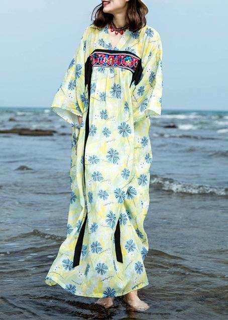 Italian yellow green print cotton linen clothes For Women o neck Traveling summer Dress - SooLinen