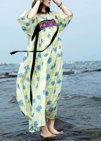 Italian yellow green print cotton linen clothes For Women o neck Traveling summer Dress - SooLinen