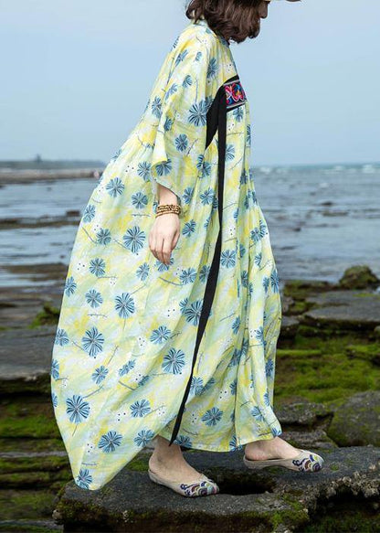 Italian yellow green print cotton linen clothes For Women o neck Traveling summer Dress - SooLinen