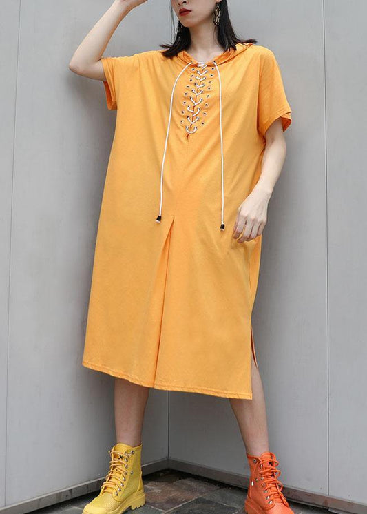 Italian yellow hooded cotton dresses side open long summer Dress - SooLinen