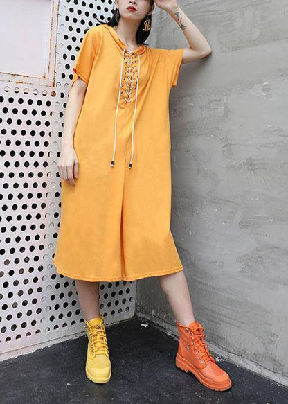 Italian yellow hooded cotton dresses side open long summer Dress - SooLinen