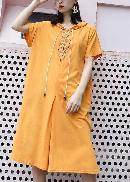 Italian yellow hooded cotton dresses side open long summer Dress - SooLinen