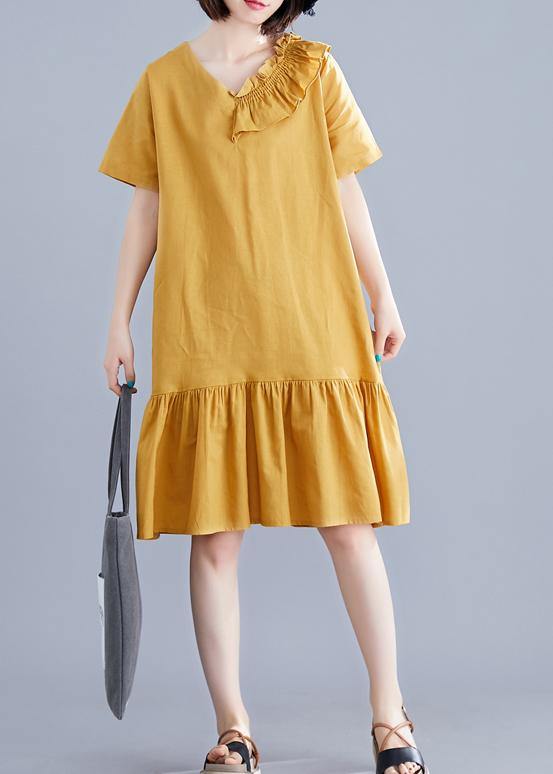 Italian yellow linen dresses v neck Ruffles Art summer Dress - SooLinen