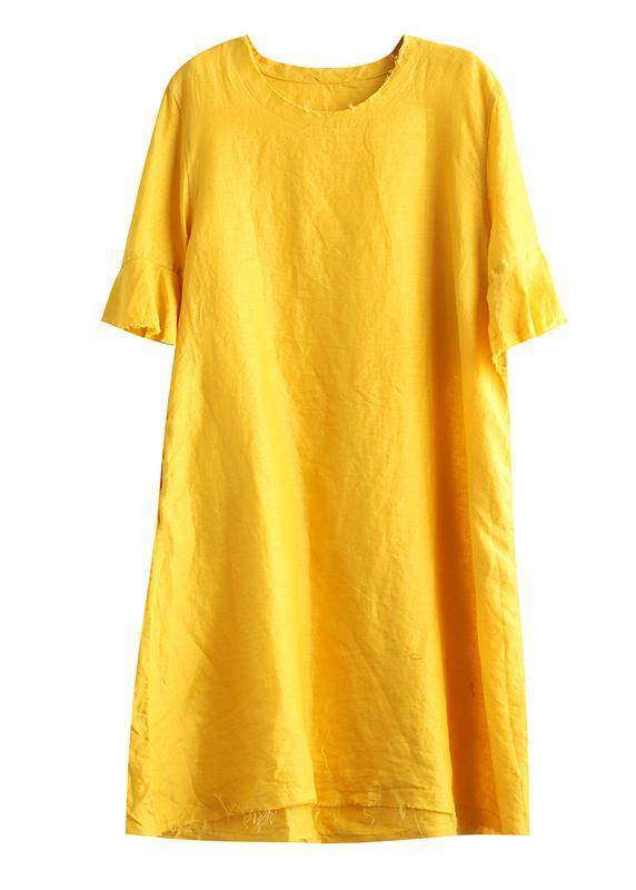 Italian yellow linen quilting clothes o neck Petal Sleeve daily Dresses - SooLinen
