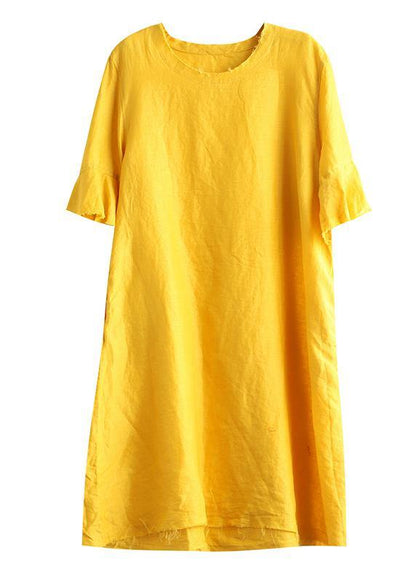 Italian yellow linen quilting clothes o neck Petal Sleeve daily Dresses - SooLinen