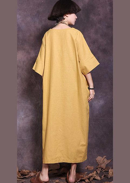 Italian yellow patchwork cotton Tunics Batwing Sleeve A Line summer Dress - SooLinen