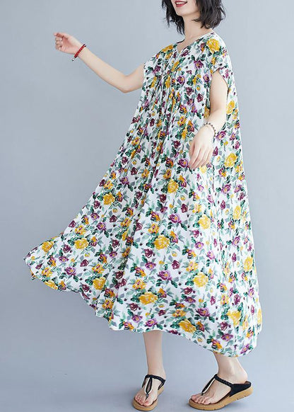Italian yellow print pattern o neck pockets long summer Dresses - SooLinen
