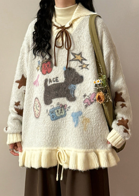 Jacquard Apricot Hooded Ruffled Lace Up Patchwork Knit Sweater Winter