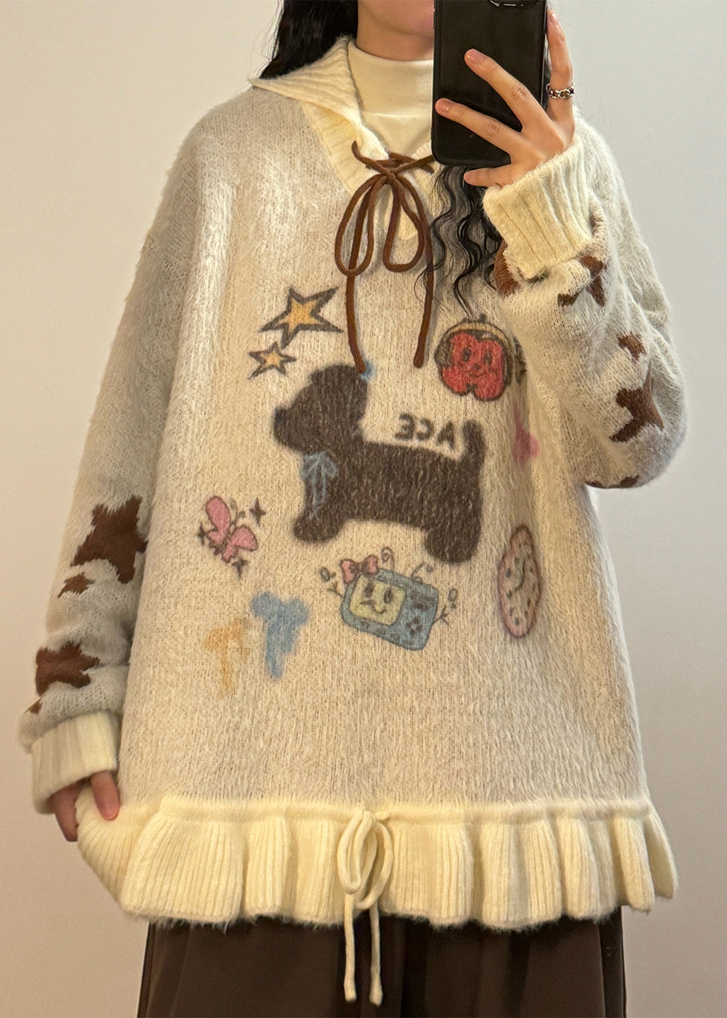 Jacquard Apricot Hooded Ruffled Lace Up Patchwork Knit Sweater Winter