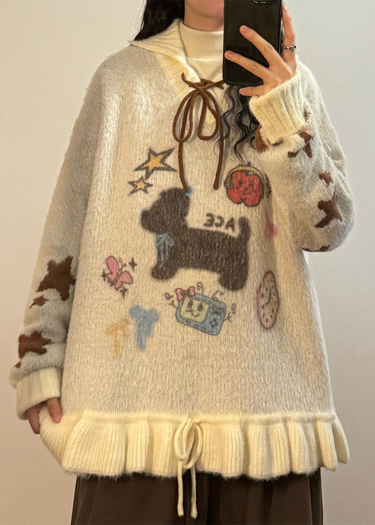 Jacquard Apricot Hooded Ruffled Lace Up Patchwork Knit Sweater Winter
