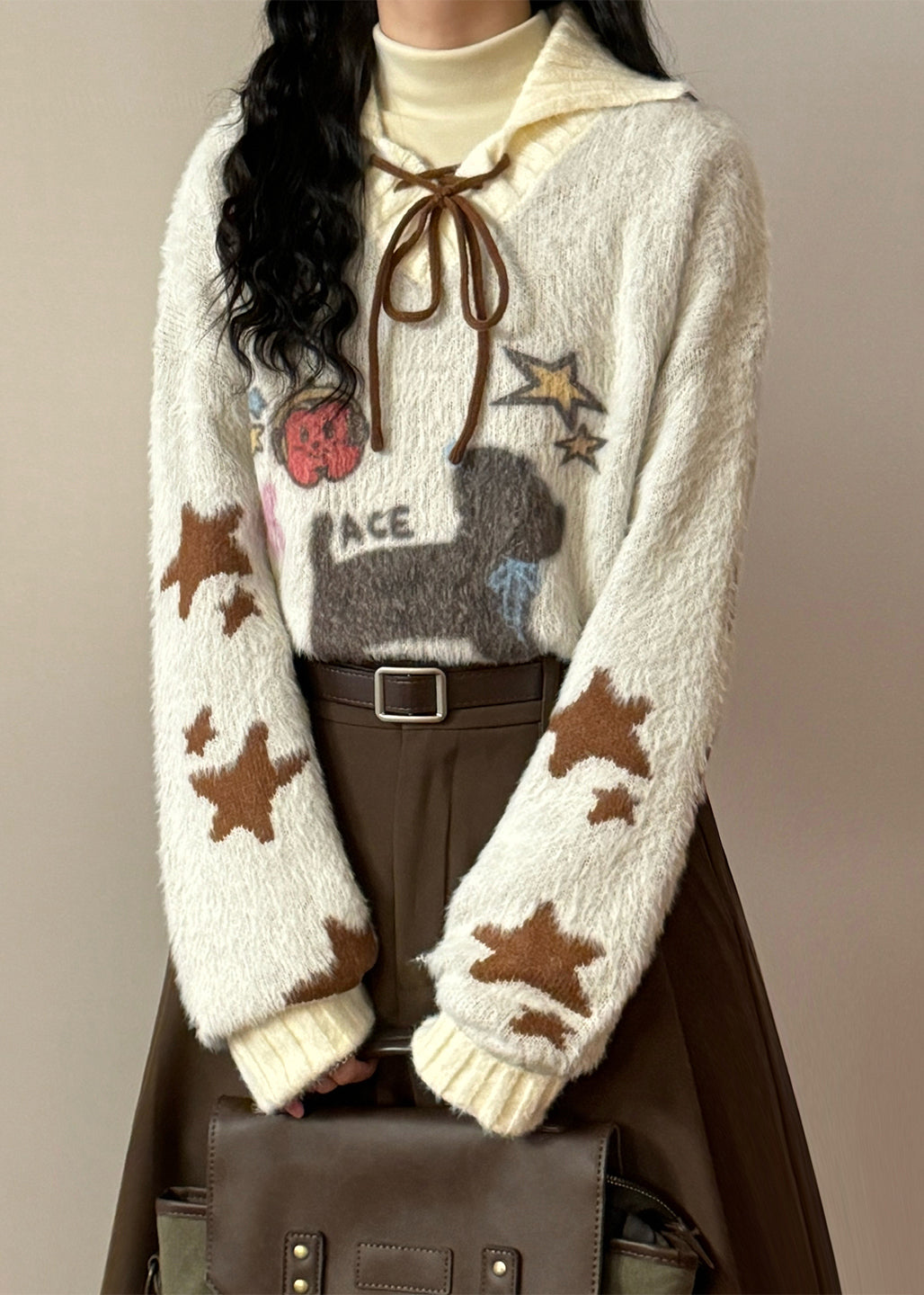 Jacquard Apricot Hooded Ruffled Lace Up Patchwork Knit Sweater Winter