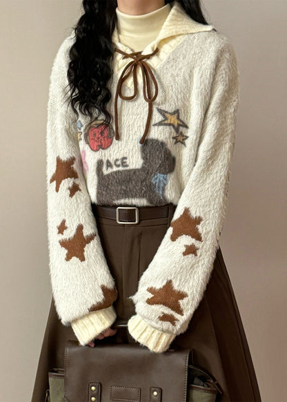 Jacquard Apricot Hooded Ruffled Lace Up Patchwork Knit Sweater Winter