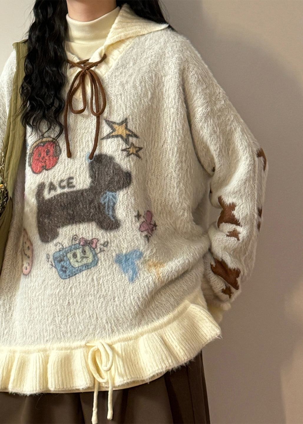 Jacquard Apricot Hooded Ruffled Lace Up Patchwork Knit Sweater Winter