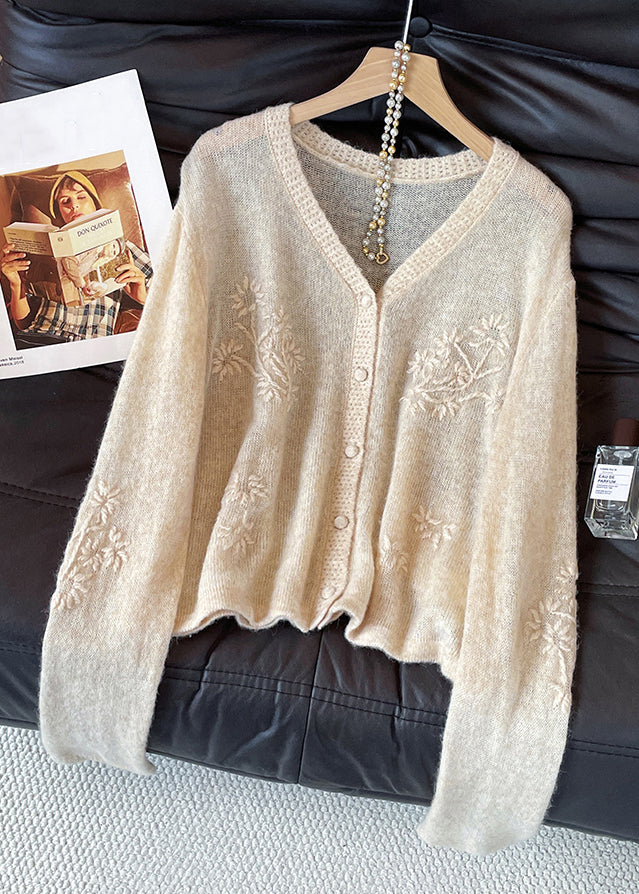 Jacquard Apricot V Neck Button Knit Coats Fall