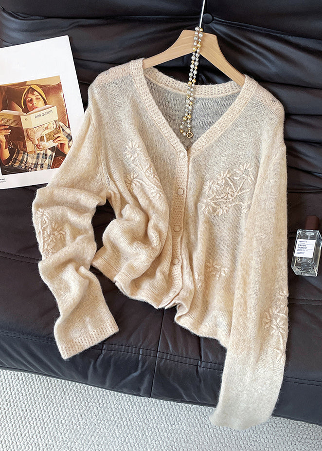 Jacquard Apricot V Neck Button Knit Coats Fall