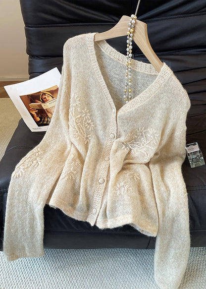 Jacquard Apricot V Neck Button Knit Coats Fall