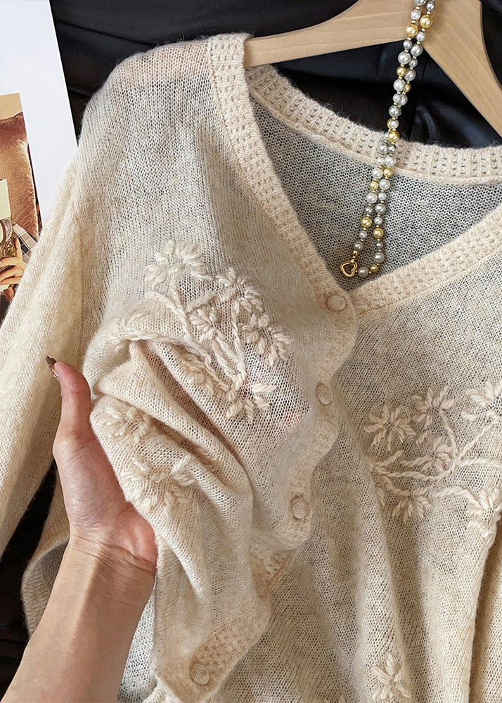 Jacquard Apricot V Neck Button Knit Coats Fall