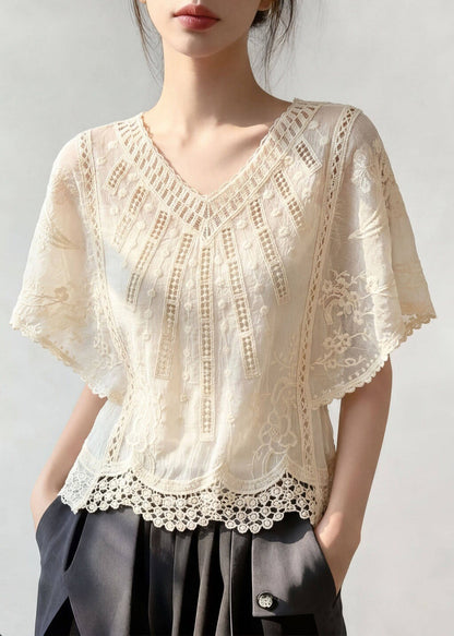 Jacquard Apricot V Neck Hollow Out Top Short Sleeve