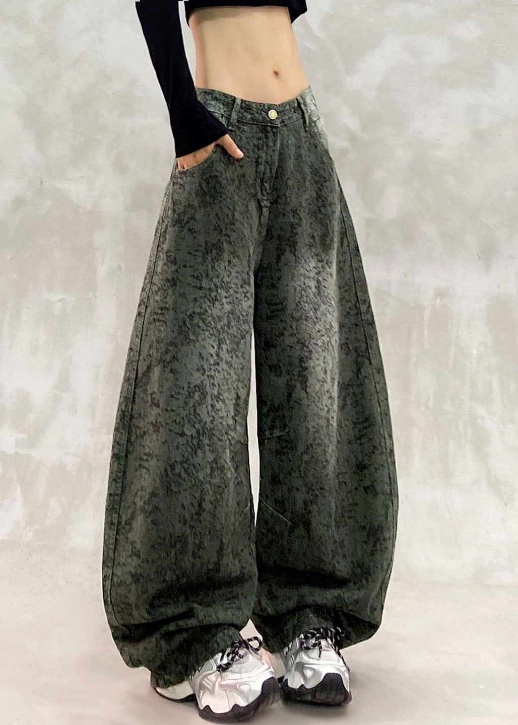 Jacquard Army Green High Waist Pockets Straight Jeans