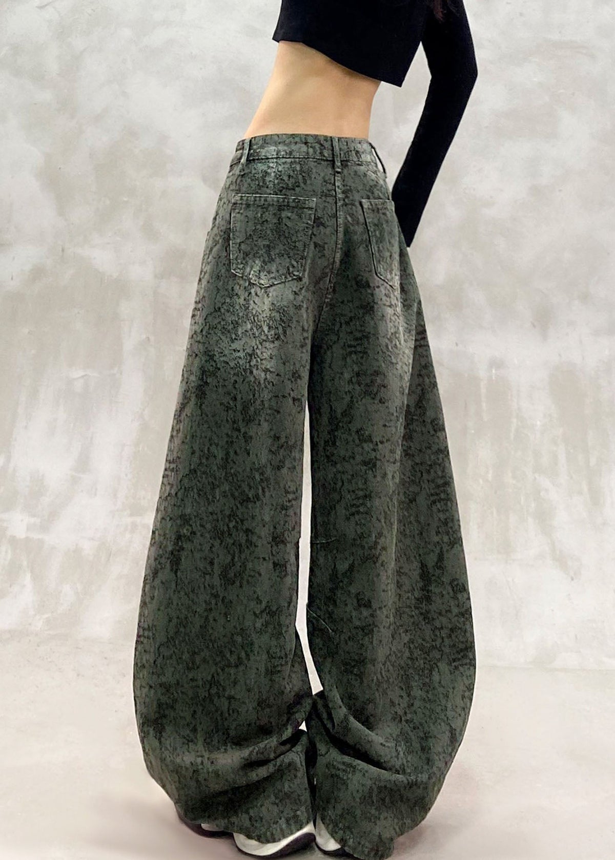 Jacquard Army Green High Waist Pockets Straight Jeans