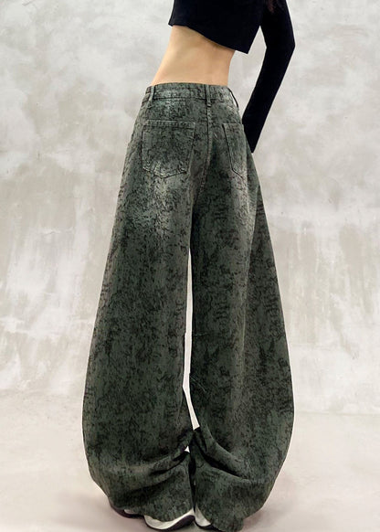 Jacquard Army Green High Waist Pockets Straight Jeans