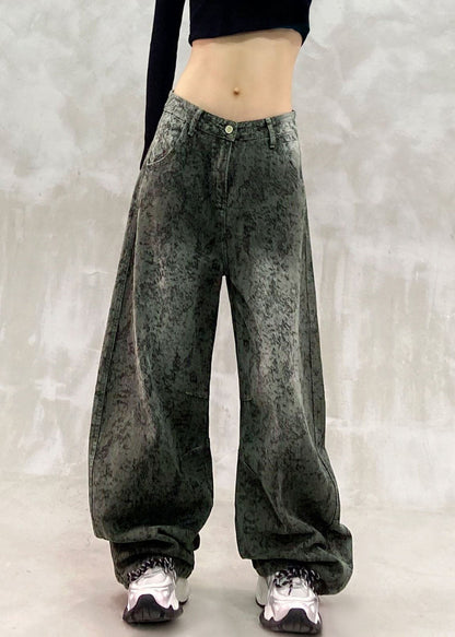 Jacquard Army Green High Waist Pockets Straight Jeans