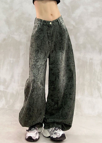 Jacquard Army Green High Waist Pockets Straight Jeans