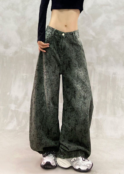 Jacquard Army Green High Waist Pockets Straight Jeans