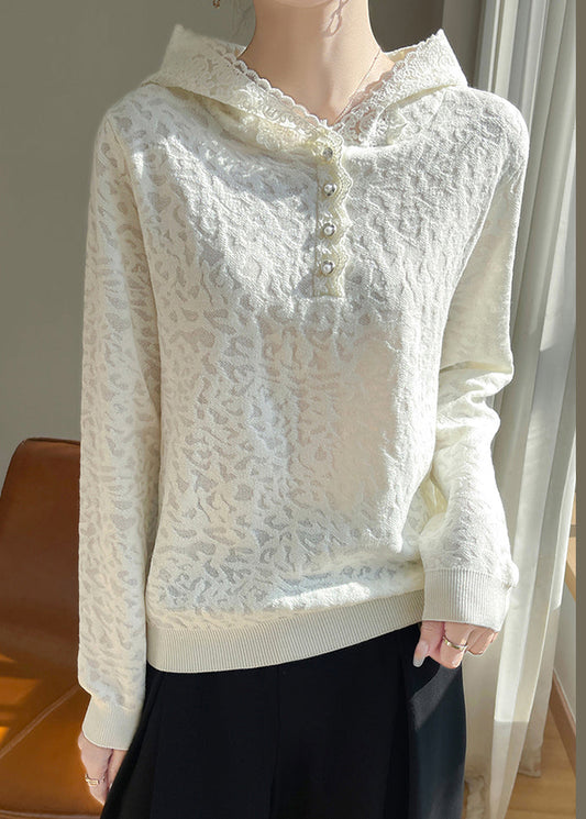 Jacquard Beige Hooded Lace Woolen Sweaters Fall