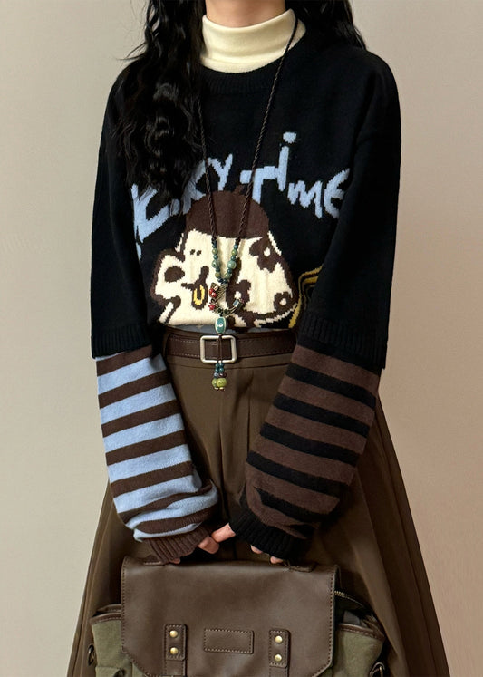 Jacquard Black Asymmetrical Striped Patchwork False Two Pieces Knit Sweaters Spring