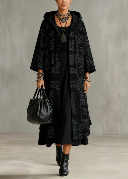 Jacquard Black Hooded Button Pockets Cashmere Long Coats Spring