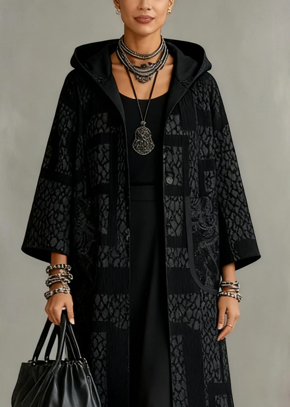 Jacquard Black Hooded Button Pockets Cashmere Long Coats Spring