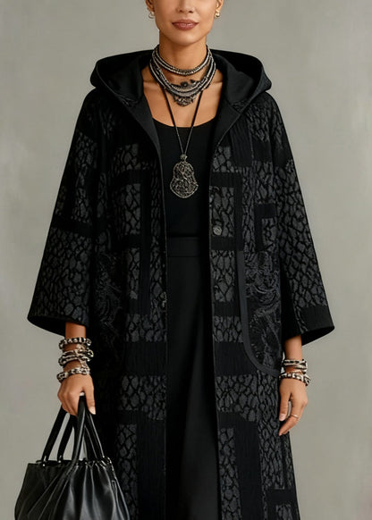 Jacquard Black Hooded Button Pockets Cashmere Long Coats Spring